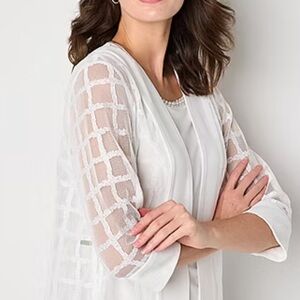 Maya Brooke Windowpane Sheer White Mesh Open Front Cottagecore Duster Size 14